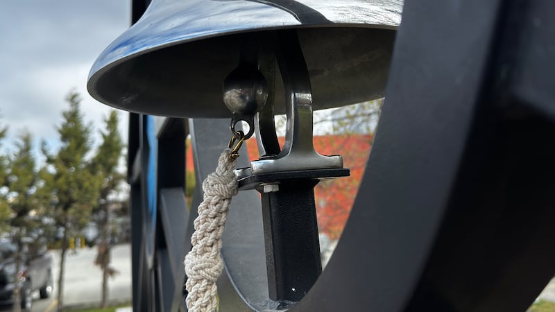 A ceremonial bell hangs at the Alaska Fallen Firefighters memorial in downtown Anchorage